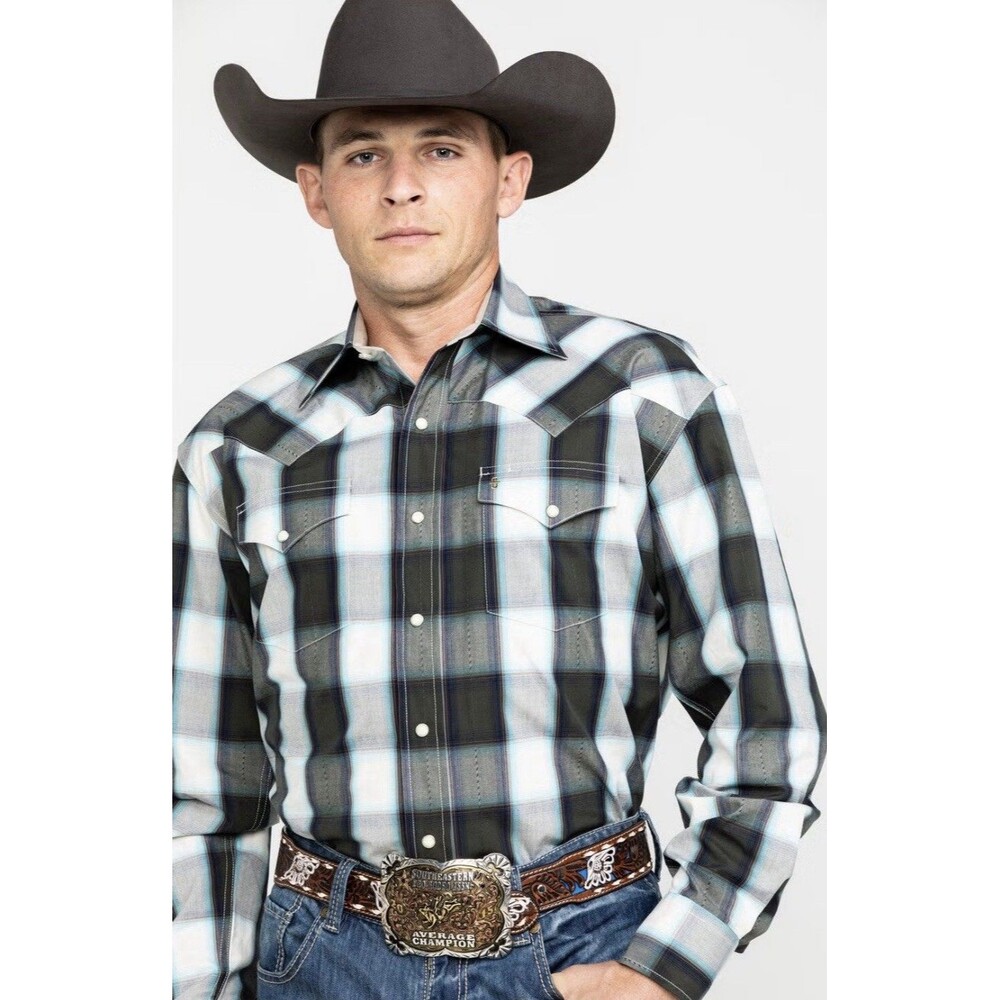 Stetson Men's Western Plaid Long Sleeve Shirt Size Large Pearl Snap Check